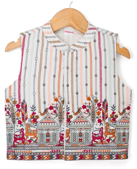 Babyhug Cotton Blend Woven Full Sleeves Kurta Pyjama Set with Embroidered Jacket - Wine