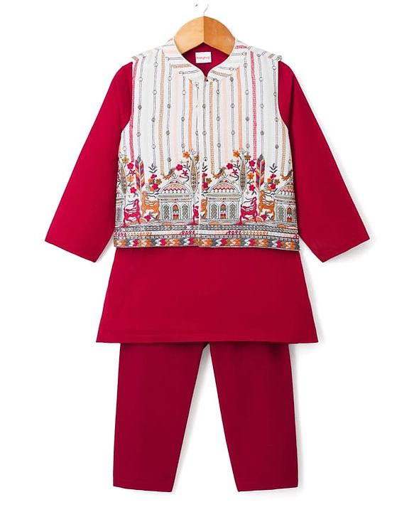Babyhug Cotton Blend Woven Full Sleeves Kurta Pyjama Set with Embroidered Jacket - Wine