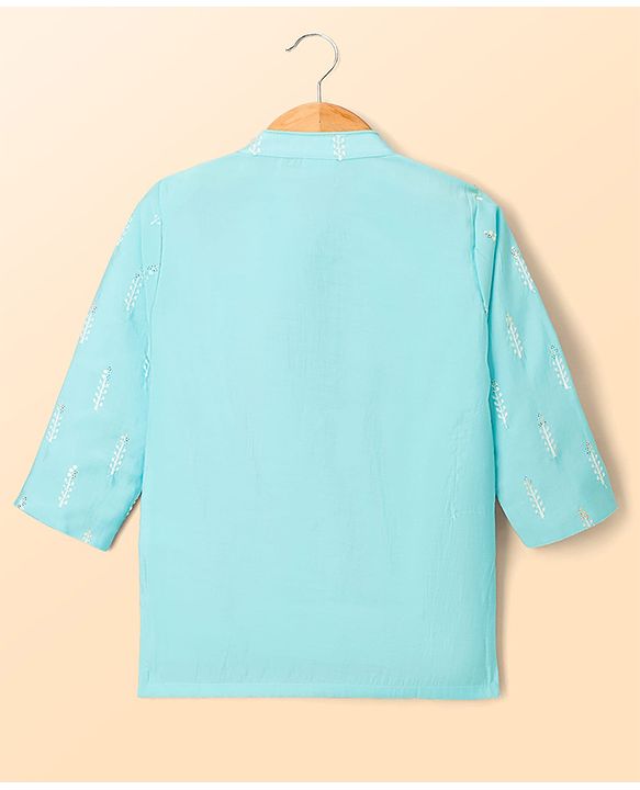 Babyhug Cotton Blend Woven Full Sleeves Kurta Pajama Set with Embroidery & Sequin Detailing - Light Blue