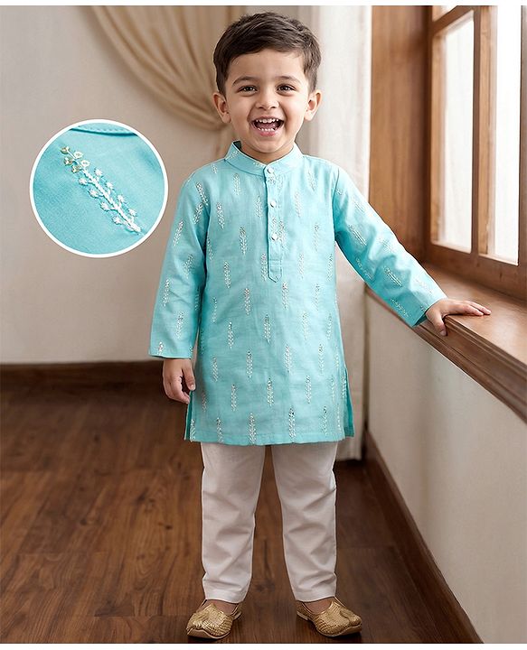 Babyhug Cotton Blend Woven Full Sleeves Kurta Pajama Set with Embroidery & Sequin Detailing - Light Blue