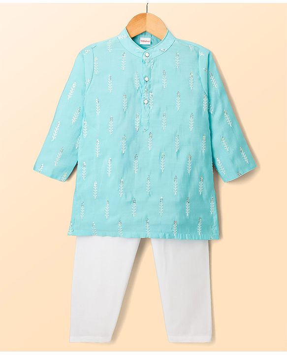 Babyhug Cotton Blend Woven Full Sleeves Kurta Pajama Set with Embroidery & Sequin Detailing - Light Blue