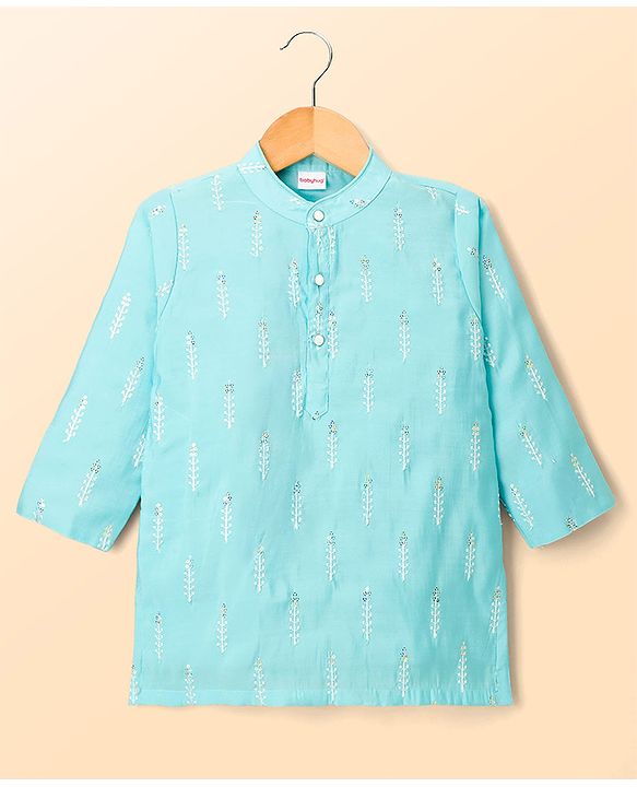 Babyhug Cotton Blend Woven Full Sleeves Kurta Pajama Set with Embroidery & Sequin Detailing - Light Blue