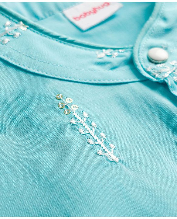 Babyhug Cotton Blend Woven Full Sleeves Kurta Pajama Set with Embroidery & Sequin Detailing - Light Blue