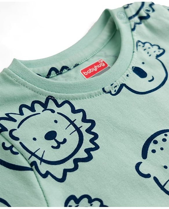 Babyhug Cotton Knit Half Sleeves Animal Printed T-Shirt & Short Co-Ord Night Suit - Sea Green