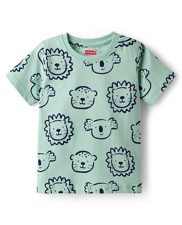 Babyhug Cotton Knit Half Sleeves Animal Printed T-Shirt & Short Co-Ord Night Suit - Sea Green