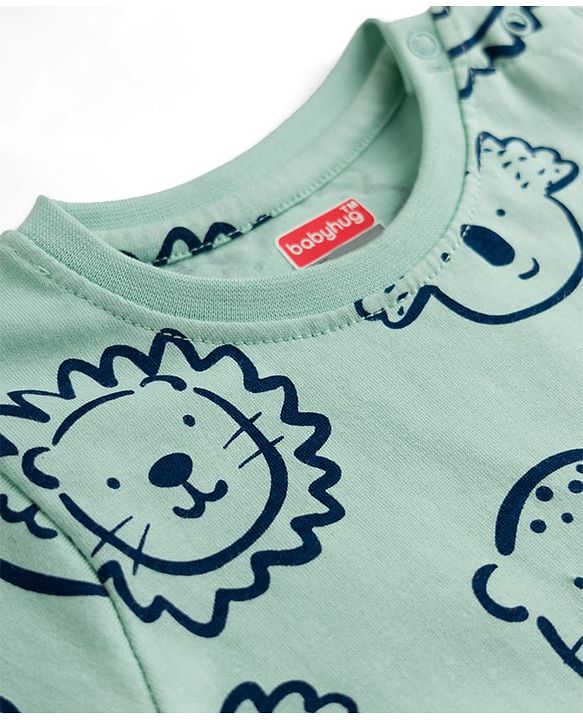 Babyhug Cotton Knit Half Sleeves Animal Printed T-Shirt & Short Co-Ord Night Suit - Sea Green