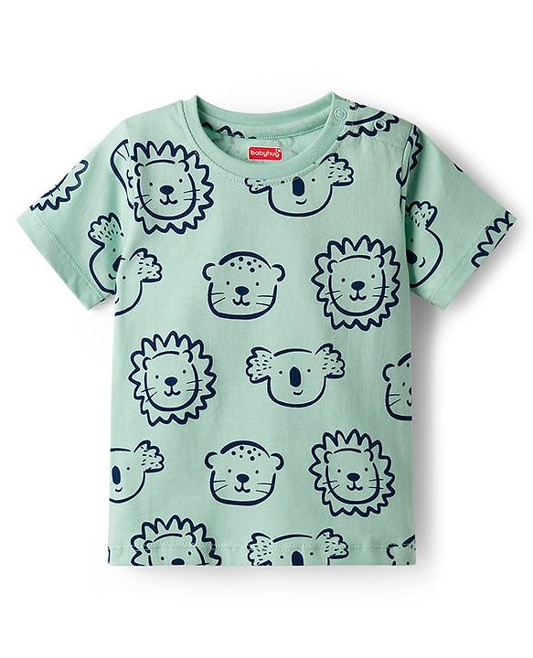 Babyhug Cotton Knit Half Sleeves Animal Printed T-Shirt & Short Co-Ord Night Suit - Sea Green