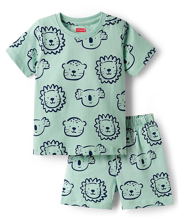 Babyhug Cotton Knit Half Sleeves Animal Printed T-Shirt & Short Co-Ord Night Suit - Sea Green