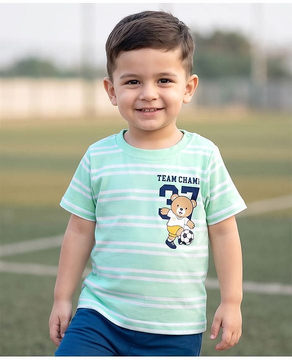 Babyhug Cotton Knit Half Sleeves Striped T-Shirt with Teddy Print - Multicolor