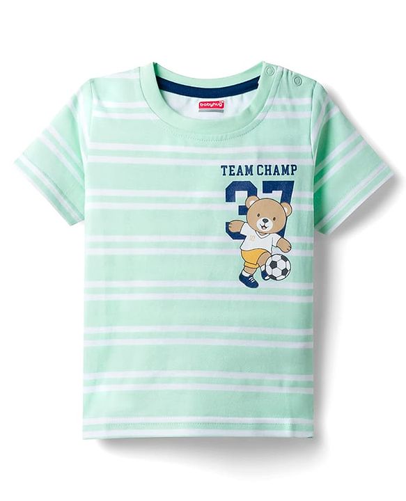 Babyhug Cotton Knit Half Sleeves Striped T-Shirt with Teddy Print - Multicolor