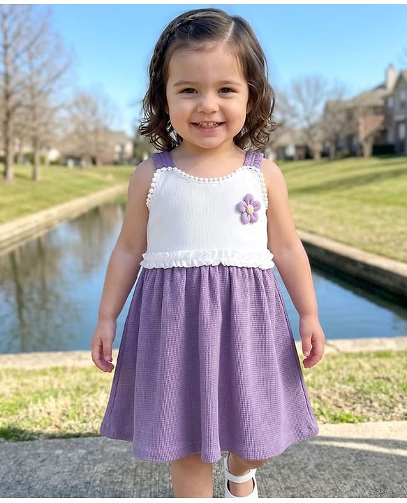 Babyhug Knitted Sleeveless Frock with Floral Applique - Lavender