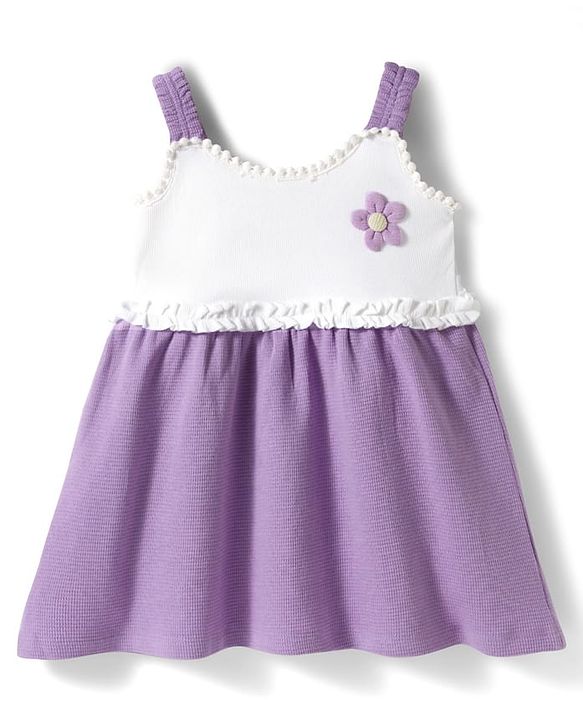 Babyhug Knitted Sleeveless Frock with Floral Applique - Lavender