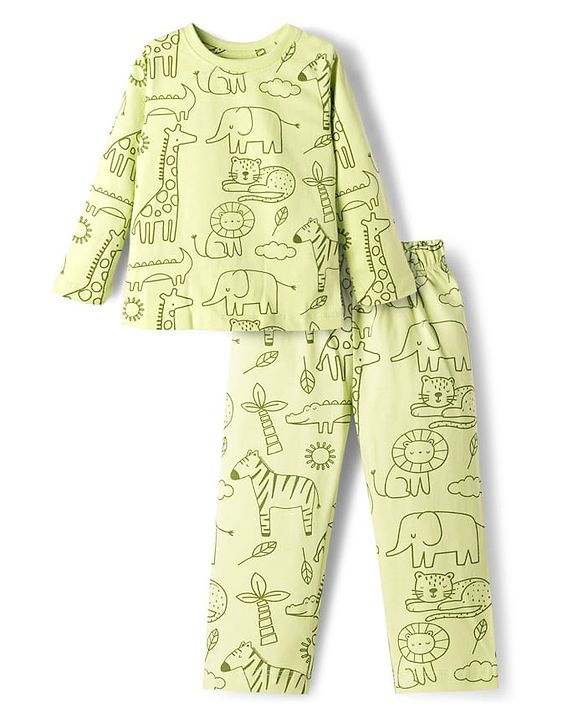 Babyhug Cotton Knit Full Sleeves Animal Printed T-Shirt & Pyjama Co-Ord Night Suit - Green