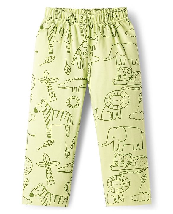 Babyhug Cotton Knit Full Sleeves Animal Printed T-Shirt & Pyjama Co-Ord Night Suit - Green