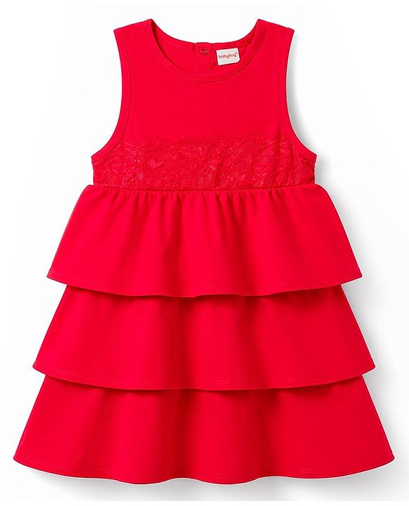 Babyhug 100% Cotton Knit Sleeveless Layered Frock With Lace Detailing - Red