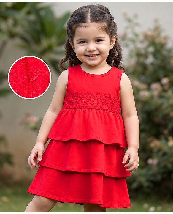 Babyhug 100% Cotton Knit Sleeveless Layered Frock With Lace Detailing - Red