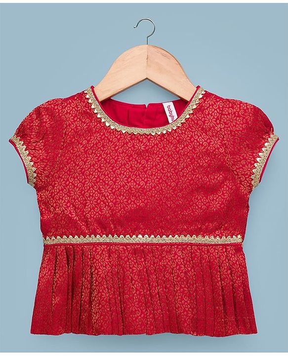 Babyhug Brocade Woven Half Sleeves Floral Printed Pattu Pavda Lehenga Choli Set - Red & White
