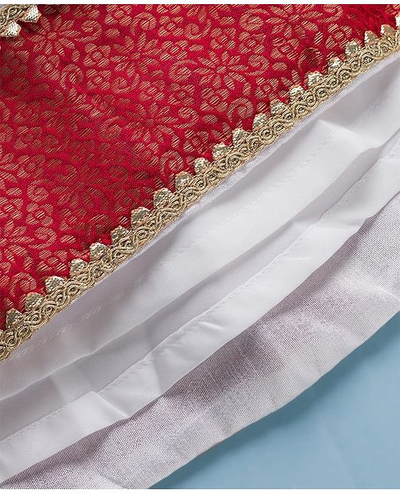 Babyhug Brocade Woven Half Sleeves Floral Printed Pattu Pavda Lehenga Choli Set - Red & White