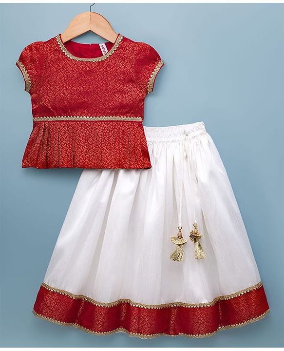 Babyhug Brocade Woven Half Sleeves Floral Printed Pattu Pavda Lehenga Choli Set - Red & White