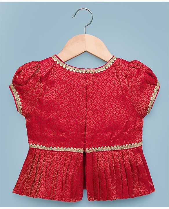 Babyhug Brocade Woven Half Sleeves Floral Printed Pattu Pavda Lehenga Choli Set - Red & White