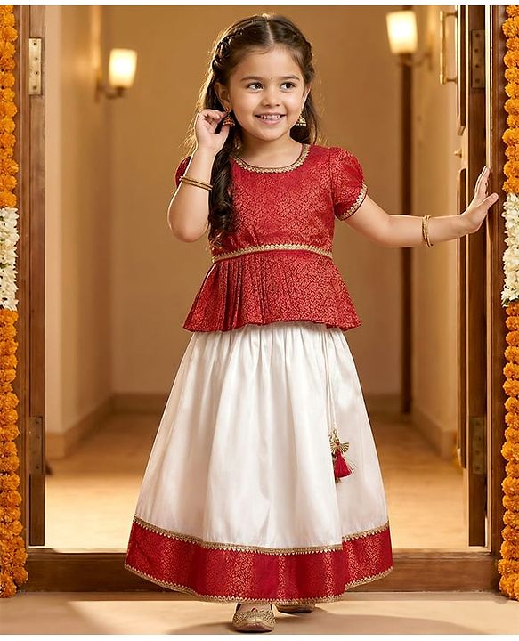 Babyhug Brocade Woven Half Sleeves Floral Printed Pattu Pavda Lehenga Choli Set - Red & White