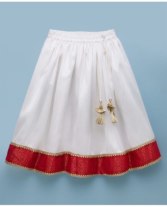 Babyhug Brocade Woven Half Sleeves Floral Printed Pattu Pavda Lehenga Choli Set - Red & White