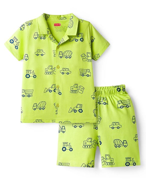 Babyhug Cotton Knit Half Sleeves Vehicle Printed Co-Ord Shirt & Shorts Night Suit - Green