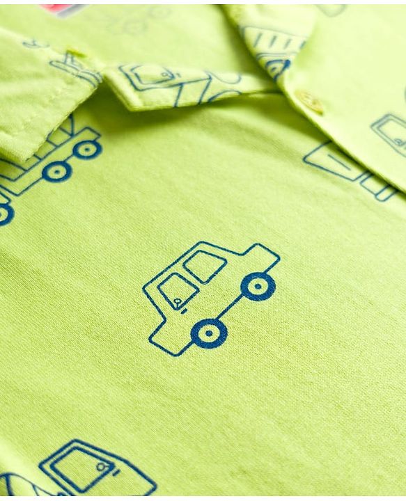 Babyhug Cotton Knit Half Sleeves Vehicle Printed Co-Ord Shirt & Shorts Night Suit - Green