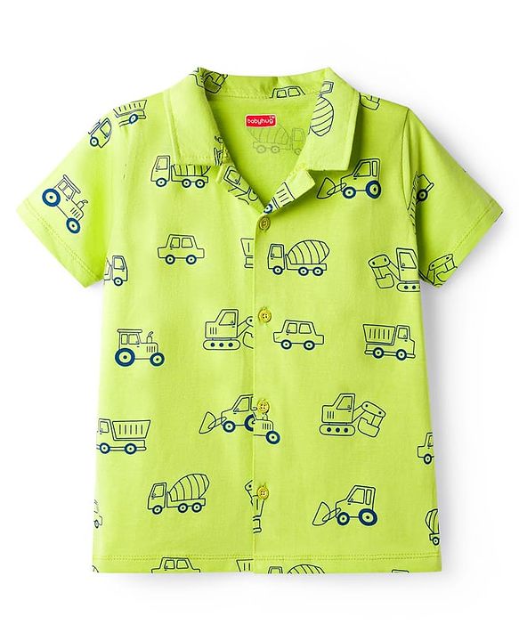 Babyhug Cotton Knit Half Sleeves Vehicle Printed Co-Ord Shirt & Shorts Night Suit - Green
