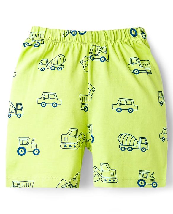 Babyhug Cotton Knit Half Sleeves Vehicle Printed Co-Ord Shirt & Shorts Night Suit - Green
