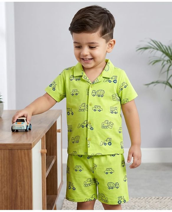Babyhug Cotton Knit Half Sleeves Vehicle Printed Co-Ord Shirt & Shorts Night Suit - Green