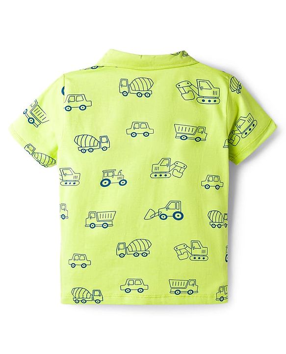 Babyhug Cotton Knit Half Sleeves Vehicle Printed Co-Ord Shirt & Shorts Night Suit - Green