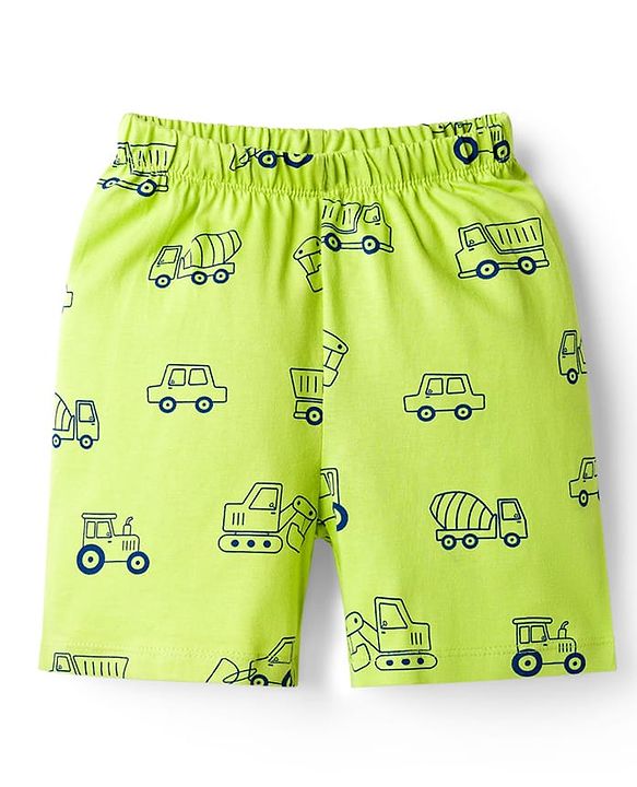 Babyhug Cotton Knit Half Sleeves Vehicle Printed Co-Ord Shirt & Shorts Night Suit - Green