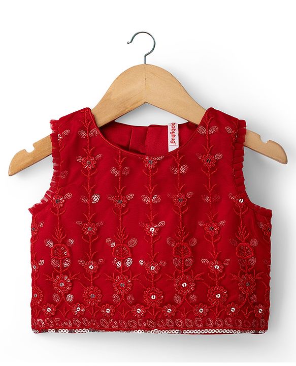 Babyhug Net Woven Sleeveless Lehenga Choli Set with Floral Embroidery & Dupatta - Red