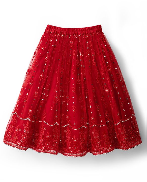 Babyhug Net Woven Sleeveless Lehenga Choli Set with Floral Embroidery & Dupatta - Red