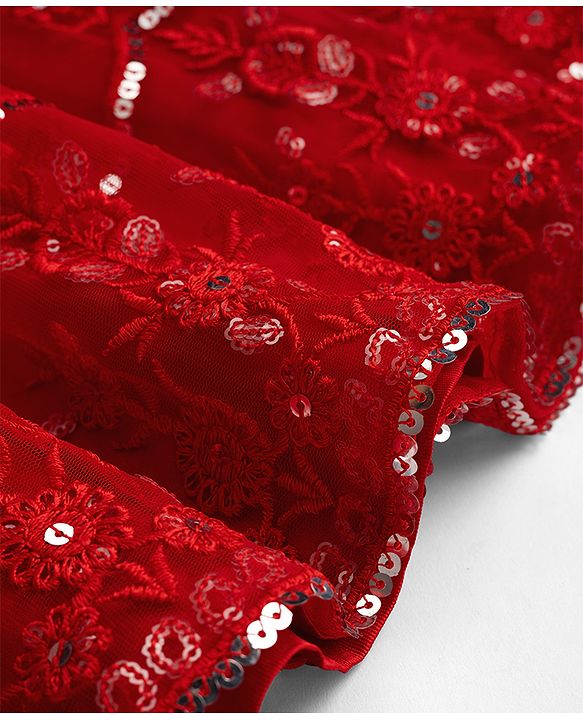 Babyhug Net Woven Sleeveless Lehenga Choli Set with Floral Embroidery & Dupatta - Red