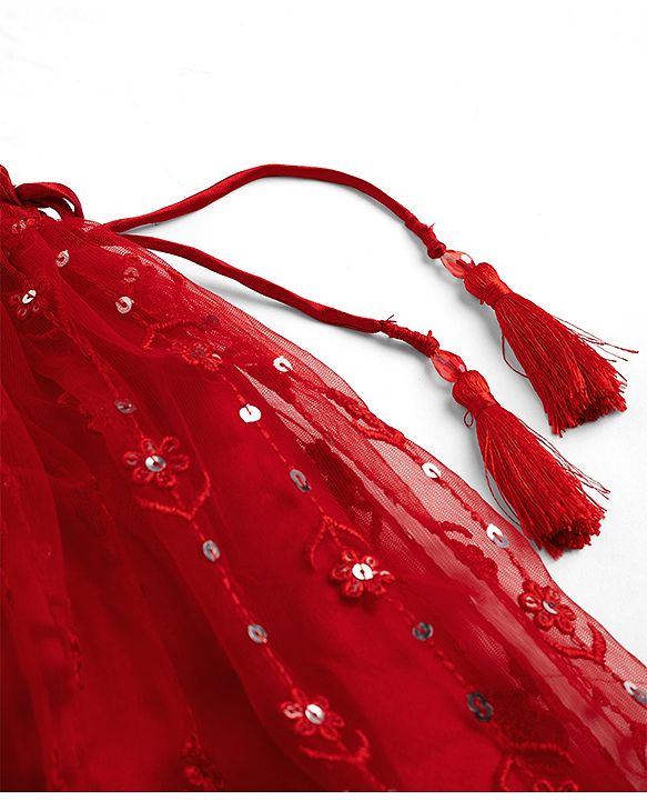 Babyhug Net Woven Sleeveless Lehenga Choli Set with Floral Embroidery & Dupatta - Red