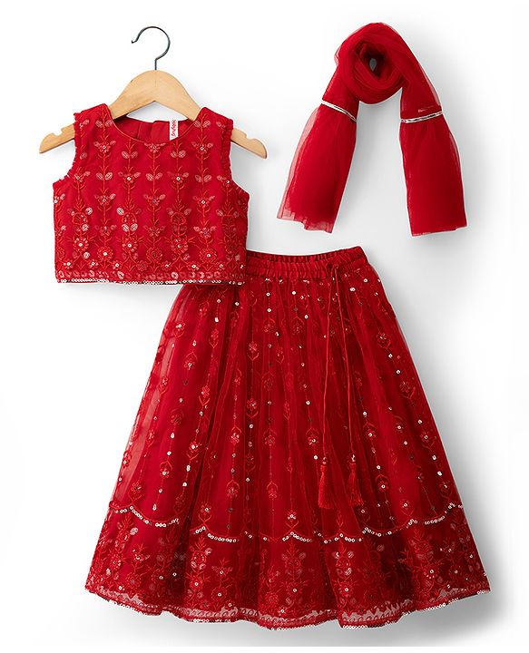 Babyhug Net Woven Sleeveless Lehenga Choli Set with Floral Embroidery & Dupatta - Red
