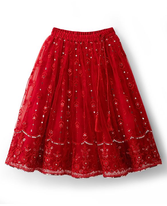 Babyhug Net Woven Sleeveless Lehenga Choli Set with Floral Embroidery & Dupatta - Red