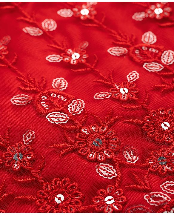 Babyhug Net Woven Sleeveless Lehenga Choli Set with Floral Embroidery & Dupatta - Red