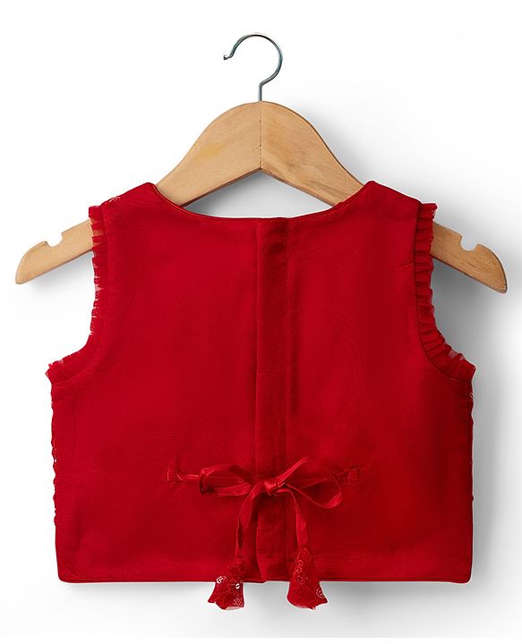 Babyhug Net Woven Sleeveless Lehenga Choli Set with Floral Embroidery & Dupatta - Red
