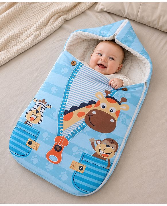 Babyhug Snuggle Buddy Teddy Sleeping Bag with Hood Blue| 100% Cotton Baby Sleep Sack| UltraSoft Bubble Lining| Smooth Zipper Closure| Newborn Essential|Travel Friendly|Carry Nest Mattress| 0-6 Months