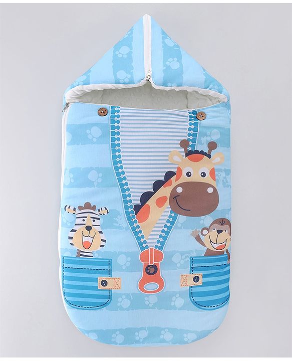 Babyhug Snuggle Buddy Teddy Sleeping Bag with Hood Blue| 100% Cotton Baby Sleep Sack| UltraSoft Bubble Lining| Smooth Zipper Closure| Newborn Essential|Travel Friendly|Carry Nest Mattress| 0-6 Months