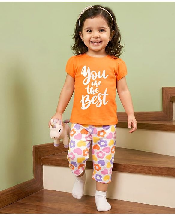 Babyhug Cotton Knit Half Sleeves Text & Floral Printed Capri Night Suit Set - Orange