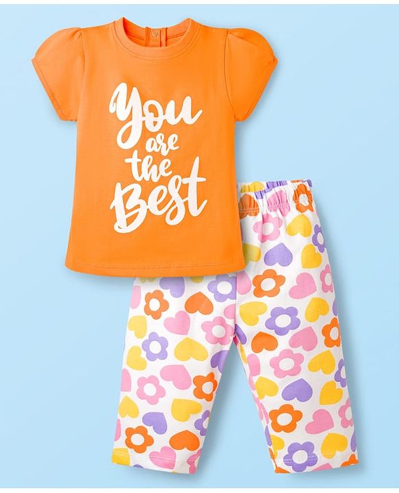 Babyhug Cotton Knit Half Sleeves Text & Floral Printed Capri Night Suit Set - Orange