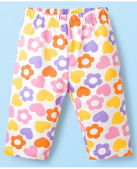 Babyhug Cotton Knit Half Sleeves Text & Floral Printed Capri Night Suit Set - Orange