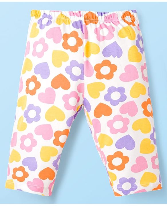 Babyhug Cotton Knit Half Sleeves Text & Floral Printed Capri Night Suit Set - Orange