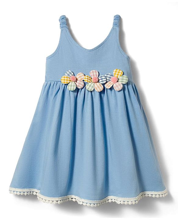 Babyhug Cotton Knit One Piece Dresses/Frocks Sleeveless with Gingham Flower Applique Blue 3-6 Months
