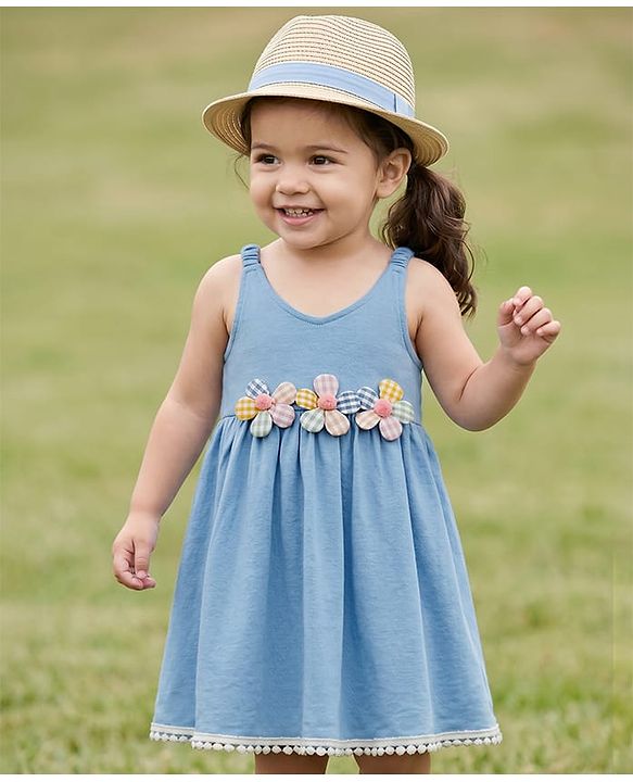 Babyhug Cotton Knit One Piece Dresses/Frocks Sleeveless with Gingham Flower Applique Blue 3-6 Months