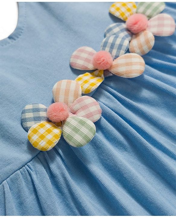 Babyhug Cotton Knit One Piece Dresses/Frocks Sleeveless with Gingham Flower Applique Blue 3-6 Months
